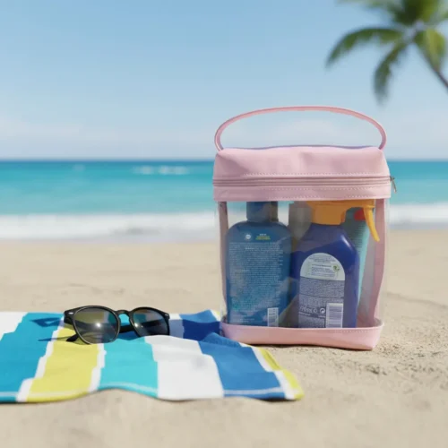 Neceser de verano transparente de PVC cristal rosa para playa y viaje: personalizable con logo, Promobaires Buenos Aires