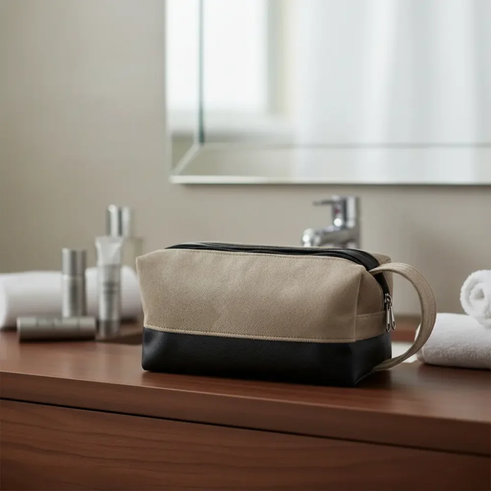 Neceser organizador de viaje de gamuzado y cuerina marrón con doble cierre: personalizable con logo, Promobaires Buenos Aires