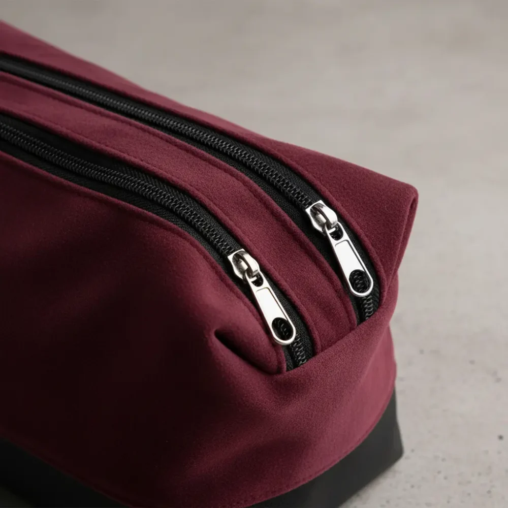 Neceser organizador de viaje de gamuzado y cuerina marrón con doble cierre: personalizable con logo, Promobaires Buenos Aires