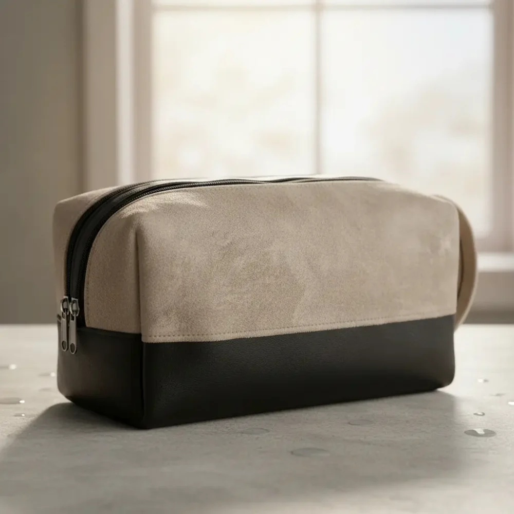 Neceser organizador de viaje de gamuzado y cuerina marrón con doble cierre: personalizable con logo, Promobaires Buenos Aires