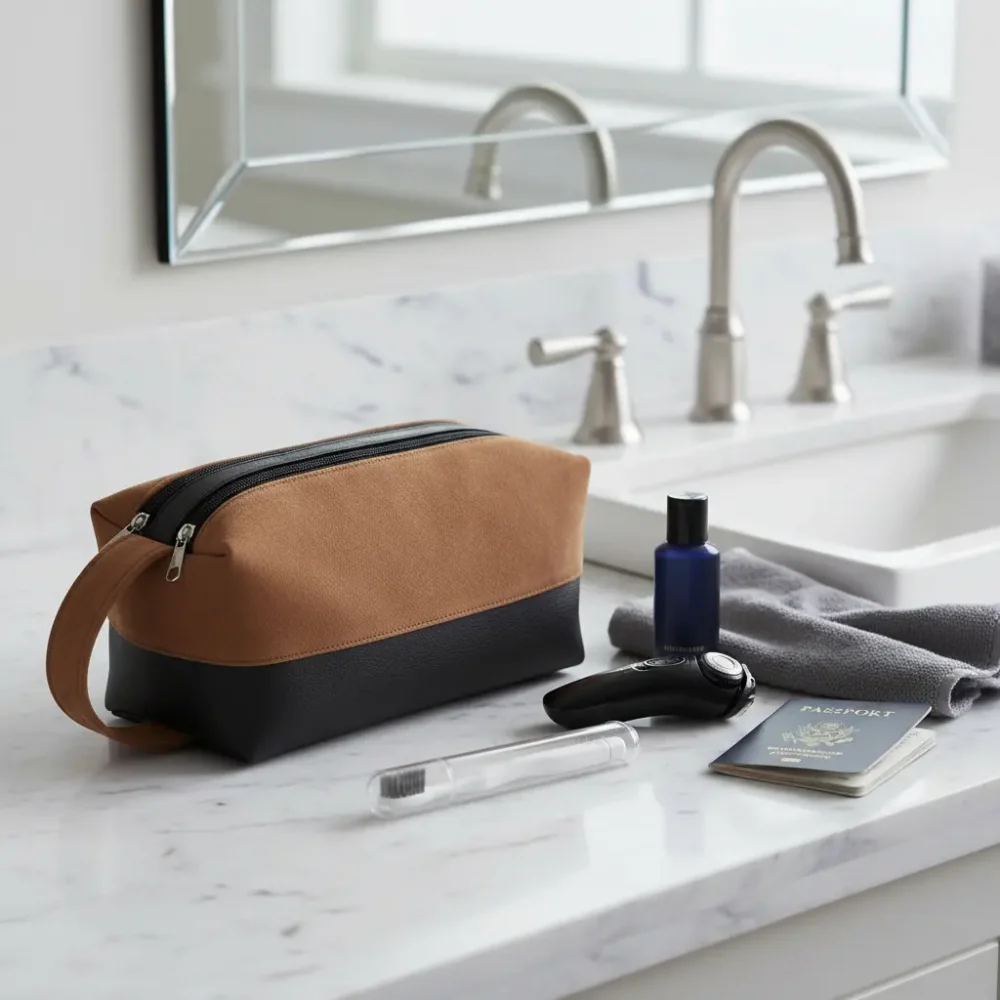 Neceser organizador de viaje de gamuzado y cuerina marrón con doble cierre: personalizable con logo, Promobaires Buenos Aires