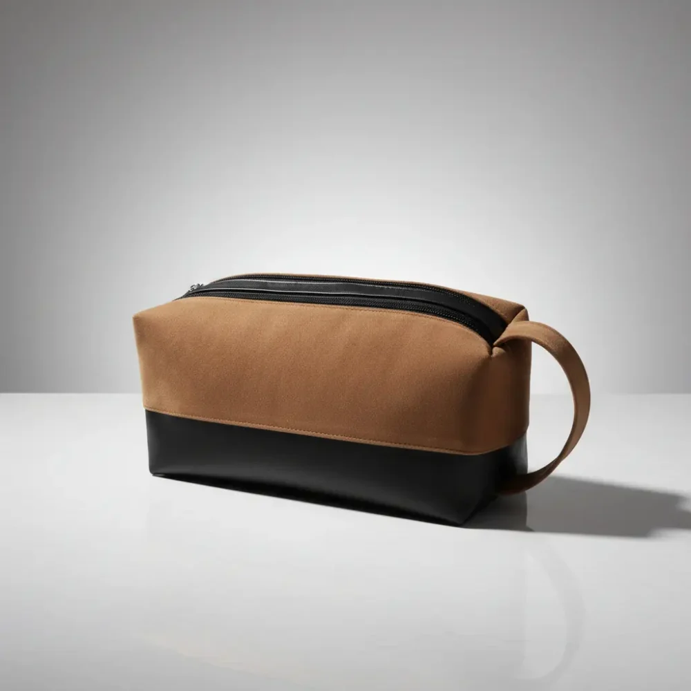 Neceser organizador de viaje de gamuzado y cuerina marrón con doble cierre: personalizable con logo, Promobaires Buenos Aires