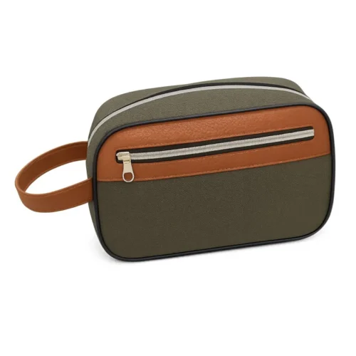 neceser-hombre Neceser para hombre de cordura verde musgo y cuero PU marrón con bolsillo frontal: personalizable con logo, Promobaires Buenos Aires